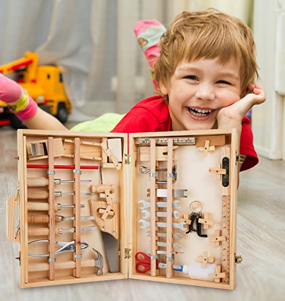 2241 Valigia attrezzi Deluxe small foot in legno, con accessori, come martello, sega, pialla ecc., 48 pz., a partire da 3 anni di età - immagine 7