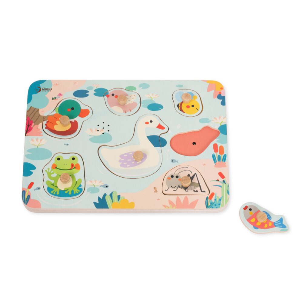Classic World – Puzzle con pioli di legno – Animali dello stagno con suono – 8 pezzi - immagine 2