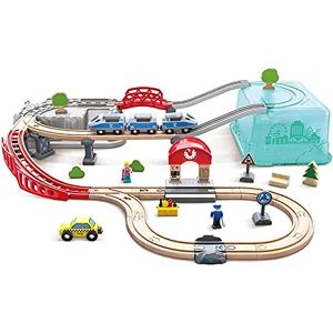 Hape City Railway and Train Bucket Set giocattolo con gru magnetica di sollevamento per treni, camion e merci per bambini dai 3 anni in su, multicolore