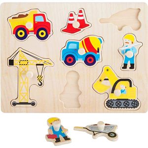 Small Foot 10445 Setzpuzzle aus Holz mit acht bunten Puzzleteilen in Form von Baustellen Motiven Giocattolo, Colore Marrone, Misura standard