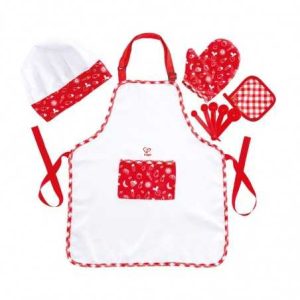 CHEF PACK set accessori HAPE gioco di imitazione IN TESSUTO cucina 5 PEZZI grembiule guanti cappello cucchiai E3162 età 3+